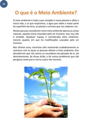 14
O meio ambiente é tudo o que compõe o nosso planeta e afeta a
nossa vida, o ar que respiramos, a água que cobre a maior parte
da superfície da terra, as plantas e animais que nos rodeiam, etc.
Muitas pessoas consideram como meio ambiente apenas as coisas
naturais, aquelas áreas intocadas pelo ser humano, mas isso não
é verdade. Qualquer espaço é considerado meio ambiente,
mesmo aqueles em que há modificações causadas pelo ser
humano.
Nos últimos anos, cientistas vêm analisando cuidadosamente as
maneiras com as quais as pessoas afetam o meio ambiente. Eles
descobriram que nós somos os causadores da poluição do ar, do
desmatamento, da chuva ácida, e de outros problemas que são
perigosas tanto para a terra e para nós mesmos.
O que é o Meio Ambiente?
 