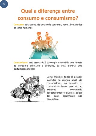 5
Consumo: está associado ao ato de consumir, necessário a todos
os seres humanos
Consumismo: está associado à patologia, na medida que remete
ao consumo excessivo e alienado, ou seja, denota uma
perturbação mental.
De tal maneira, todas as pessoas
inseridas no mundo atual são
consumidoras, no entanto, os
consumistas levam esse ato ao
extremo, comprando
deliberadamente diversas coisas
das quais geralmente não
necessitam.
Qual a diferença entre
consumo e consumismo?
 