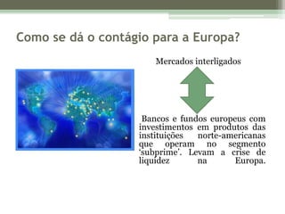 Como se dá o contágio para a Europa?Mercados interligados      Bancos e fundos europeus com investimentos em produtos das instituições norte-americanas que operam no segmento ‘subprime’. Levam a crise de liquidez na Europa.