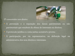 O  consumidor tem direito: À prevenção e à reparação dos danos patrimoniais ou não patrimoniais que resultem da ofensa de interesses ou direitos; À protecção jurídica e a uma justiça acessível e pronta; À participação, por via representativa, na definição legal ou administrativa dos seus direitos e interesses. 