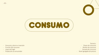 CONSUMO
Temario:
- Clases de consumo
- Niveles de consumo
- Canasta de consumo
- Nivel agregado de precios
- XI -
- Consumo, ahorro e inversión
- Función del consumo
- Leyes de Engel
- Protección al consumidor
 