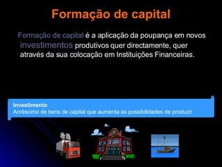 Formação de capital Formação de capital  é a aplicação da poupança em novos  investimentos   produtivos quer directamente, quer através da sua colocação em Instituições Financeiras. Investimento Acréscimo de bens de capital que aumenta as possibilidades de produzir 