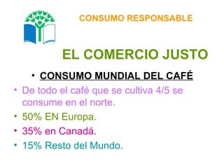 EL COMERCIO JUSTO CONSUMO MUNDIAL DEL CAFÉ De todo el café que se cultiva 4/5 se consume en el norte.   50% EN Europa. 35% en Canadá. 15% Resto del Mundo. CONSUMO RESPONSABLE 