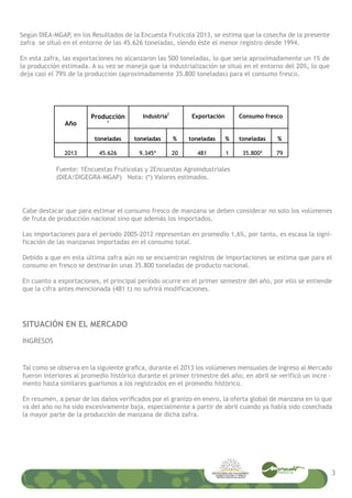 Fuente: 1Encuestas Frutícolas y 2Encuestas Agroindustriales
(DIEA/DIGEGRA-MGAP) Nota: (*) Valores estimados.
SITUACIÓN EN EL MERCADO
INGRESOS
Según DIEA-MGAP, en los Resultados de la Encuesta Frutícola 2013, se estima que la cosecha de la presente
zafra se situó en el entorno de las 45.626 toneladas, siendo éste el menor registro desde 1994.
En esta zafra, las exportaciones no alcanzaron las 500 toneladas, lo que sería aproximadamente un 1% de
la producción estimada. A su vez se maneja que la industrialización se situó en el entorno del 20%, lo que
deja casi el 79% de la producción (aproximadamente 35.800 toneladas) para el consumo fresco.
Cabe destacar que para estimar el consumo fresco de manzana se deben considerar no solo los volúmenes
de fruta de producción nacional sino que además los importados.
Las importaciones para el período 2005-2012 representan en promedio 1,6%, por tanto, es escasa la signi
ficación de las manzanas importadas en el consumo total.
-
Debido a que en esta última zafra aún no se encuentran registros de importaciones se estima que para el
consumo en fresco se destinarán unas 35.800 toneladas de producto nacional.
En cuanto a exportaciones, el principal período ocurre en el primer semestre del año, por ello se entiende
que la cifra antes mencionada (481 t) no sufrirá modificaciones.
-fueron interiores al promedio histórico durante el primer trimestre del año; en abril se verificó un incre
mento hasta similares guarismos a los registrados en el promedio histórico.
va del año no ha sido excesivamente baja, especialmente a partir de abril cuando ya había sido cosechada
la mayor parte de la producción de manzana de dicha zafra.
3
Año
Producción
1
Industria2
Exportación Consumo fresco
toneladas toneladas % toneladas % toneladas %
2013 45.626 9.345* 20 481 1 35.800* 79
 