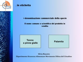 …in

etichetta

denominazione commerciale della specie
Il nome comune o scientifico del prodotto in
vendita

Tonno
a pinne gialle

Palamita

Silvia Biasotto
Dipartimento Sicurezza Alimentare Movimento Difesa del Cittadino

 