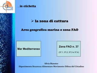 …in

etichetta

 la zona di cattura
Area geografica marina o zona FAO

Mar Mediterraneo

Zona FAO n. 37
(37.1, 37,2, 37,3 e 37,4)

Silvia Biasotto
Dipartimento Sicurezza Alimentare Movimento Difesa del Cittadino

 