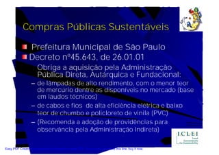Compras Públicas Sustentáveis

                 Prefeitura Municipal de São Paulo
                 Decreto nº45.643, de 26.01.01
                       Obriga a aquisição pela Administração
                       Pública Direta, Autárquica e Fundacional:
                   – de lâmpadas de alto rendimento, com o menor teor
                     de mercúrio dentre as disponíveis no mercado (base
                     em laudos técnicos)
                   – de cabos e fios de alta eficiência elétrica e baixo
                     teor de chumbo e policloreto de vinila (PVC)
                   – (Recomenda a adoção de providências para
                     observância pela Administração Indireta)

Easy PDF Creator is professional software to create PDF. If you wish to remove this line, buy it now.
 