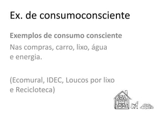 Ex. de consumoconscienteExemplos de consumo conscienteNas compras, carro, lixo, água e energia.(Ecomural, IDEC, Loucos por lixo e Recicloteca)