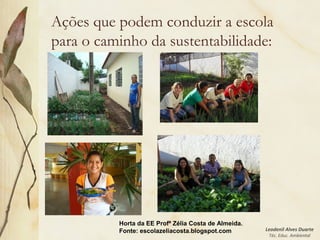 Leodenil Alves Duarte
Téc. Educ. Ambiental
Ações que podem conduzir a escola
para o caminho da sustentabilidade:
Horta da EE Profª Zélia Costa de Almeida.
Fonte: escolazeliacosta.blogspot.com
 