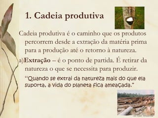 Leodenil Alves Duarte
Téc. Educ. Ambiental
1. Cadeia produtiva
Cadeia produtiva é o caminho que os produtos
percorrem desde a extração da matéria prima
para a produção até o retorno à natureza.
a)Extração – é o ponto de partida. É retirar da
natureza o que se necessita para produzir.
“Quando se extrai da natureza mais do que ela
suporta, a vida do planeta fica ameaçada.”
 