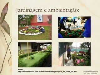 Leodenil Alves Duarte
Téc. Educ. Ambiental
Jardinagem e ambientação:
Fonte:
http://www.seteecos.com.br/attachments/Image/espiral_de_ervas_06.JPG
 