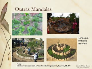 Leodenil Alves Duarte
Téc. Educ. Ambiental
Outras Mandalas
Hortas em
forma de
mandala;
Fonte:
http://www.seteecos.com.br/attachments/Image/espiral_de_ervas_06.JPG
 