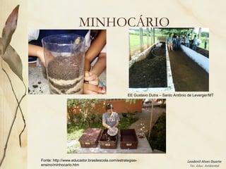 Leodenil Alves Duarte
Téc. Educ. Ambiental
MINHOCÁRIO
Fonte: http://www.educador.brasilescola.com/estrategias-
ensino/minhocario.htm
EE Gustavo Dutra – Santo Antônio de Leverger/MT
 