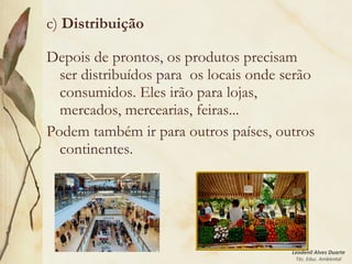 Leodenil Alves Duarte
Téc. Educ. Ambiental
c) Distribuição
Depois de prontos, os produtos precisam
ser distribuídos para os locais onde serão
consumidos. Eles irão para lojas,
mercados, mercearias, feiras...
Podem também ir para outros países, outros
continentes.
 