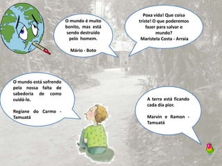 Poxa vida! Que coisa triste! O que poderemos fazer para salvar o mundo? Maristela Costa - ArraiaO mundo é muito bonito,  mas  está sendo destruído          pelo  homem.  Mário - BotoO mundo está sofrendo pela nossa falta de sabedoria de como cuidá-lo. Regiane do Carmo - TamuatáA terra está ficando cada dia pior.Marvin e Ramon - Tamuatá