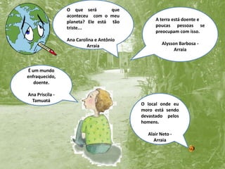 O que será   que  aconteceu  com o meu planeta? Ele está  tão triste...Ana Carolina e AntônioArraiaA terra está doente epoucas pessoas se preocupam com isso.Alysson Barbosa - ArraiaÉ um mundo enfraquecido, doente.Ana Priscila - Tamuatá O local onde eu moro está sendo devastado pelos homens.Alair Neto -  Arraia