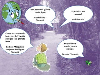 Não podemos  gastar  muita água.Ana Cristina - Tamuatá O planeta   vai morrer!André - CotiaComo está o mundo hoje em dia? Muita poluição no planeta   terra...Bárbara Mesquita e Dayanne RodriguesTamuatáEu queria um mundo menos poluído.Betania -Tamuatá