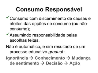 Consumo com discernimento de causas e
efeitos das opções de consumo (ou não-
consumo);
Assumindo responsabilidade pelas
escolhas feitas.
Não é automático, e sim resultado de um
processo educativo gradual :
Ignorância  Conhecimento  Mudança
de sentimento  Decisão  Ação
Consumo Responsável
 