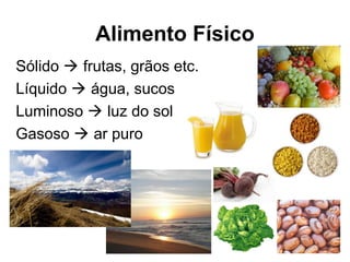 Alimento Físico
Sólido  frutas, grãos etc.
Líquido  água, sucos
Luminoso  luz do sol
Gasoso  ar puro
 