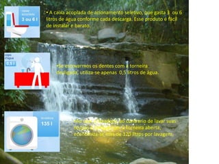 Um banho de ducha, durante 15 minutos, gasta-se 243 litros de água.Ao escovar os dentes durante 5 minutos e deixar a torneira ligada,gasta-se  12litros de água.
