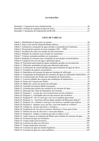 10




                                                  ILUSTRAÇÕES



Ilustração 1: Esquema de reuso intradomiciliar ....................................................................... 49
Ilustração 2 Sistema de captação de água de chuva ................................................................. 54
Ilustração 3: Instalações de Empreiteiras da RLAM ................................................................ 67


                                             LISTA DE TABELAS

Tabela 1: Distribuição de água doce no mundo ....................................................................... 20
Tabela 2: Países com maiores disponibilidades hídricas.......................................................... 21
Tabela 3: Estimativas e projeções de água retirada e consumida por Continente.................... 23
Tabela 4: Percentual de aumento de terras irrigadas (1961 – 1999) ........................................ 24
Tabela 5: Incidência de ações nos estudos de caso americanos ............................................... 35
Tabela 6: Redução de consumo com correção de vazamentos................................................. 37
Tabela 7: Volumes estimados perdidos em vazamentos .......................................................... 37
Tabela 8: Redução de consumo com a instalação de tecnologias economizadoras ................. 41
Tabela 9: Categorias de reuso de água e aplicações típicas ..................................................... 47
Tabela 10: Percentual aproximado de águas residuárias geradas em um domicílio ................ 51
Tabela 11: Diferentes qualidades de água para diferentes aplicações...................................... 55
Tabela 12: Coeficientes de runoff adotados para aproveitamento de água de chuva............... 56
Tabela 13: Exemplos de agentes consumidores ....................................................................... 60
Tabela 14: Indicadores de consumo de água por tipologia de edificação ................................ 62
Tabela 15: Comparação da distribuição de consumos de água em edificações domiciliares... 63
Tabela 16: Caracterização dos Prédios das Instalações de Empreiteiras.................................. 68
Tabela 17: Local de trabalho dos usuários das instalações de empreiteiras............................. 75
Tabela 18: Pontos de Consumo por Prédio .............................................................................. 78
Tabela 19: Média das vazões nos pontos de utilização ............................................................ 80
Tabela 20: Tamanho da amostra obtido na pesquisa................................................................ 83
Tabela 21: Fórmulas para cálculo das estimativas de consumo de água.................................. 88
Tabela 22: Descrição dos Tipos de Indicadores de Consumo .................................................. 89
Tabela 23: Pergunta 1 – Locais que você costuma fazer uso dos sanitários ............................ 91
Tabela 24: Pergunta 2 - Finalidades para uso das torneiras dos lavatórios .............................. 92
Tabela 25: Pergunta 07 - De 10 vezes que você vai ao sanitário para urinar........................... 92
Tabela 26: Pergunta 12 - Você hoje utilizou algum sanitário da Rlam para defecar? ............. 93
Tabela 27: Pergunta 13c - Informe o local que você utilizou o sanitário para defecar ............ 93
Tabela 28: Pergunta 9 - Quantas vezes, por dia, você toma banho no vestiário?..................... 94
Tabela 29: Tempos de uso dos chuveiros e lavatórios ........................................................... 94
Tabela 30: Freqüências de Usos dos Lavatórios, Mictórios e Vasos para Urinar .................... 95
Tabela 31: Número de usos de chuveiros e vasos para defecar................................................ 96
Tabela 32: Pergunta 8 - Indique a resposta que mais se aplica a você ..................................... 97
Tabela 33: Ações relativas às mudanças de hábitos para redução do consumo de água.......... 98
Tabela 34: Consumo de água nos lavatórios .......................................................................... 100
Tabela 35: Tempo médio para lavatórios ............................................................................... 100
Tabela 36: Consumo de água nos chuveiros .......................................................................... 101
Tabela 37: Tempo médio para chuveiros ............................................................................... 101
Tabela 38: Consumo de água nas duchas higiênicas.............................................................. 102
Tabela 39: Consumo de água nos vasos sanitários................................................................. 103
 