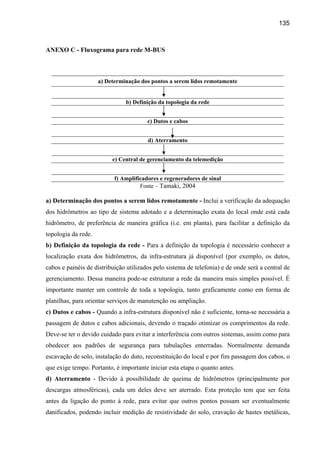 135



ANEXO C - Fluxograma para rede M-BUS



                     a) Determinação dos pontos a serem lidos remotamente


                               b) Definição da topologia da rede


                                        c) Dutos e cabos


                                        d) Aterramento


                          e) Central de gerenciamento da telemedição


                           f) Amplificadores e regeneradores de sinal
                                     Fonte – Tamaki, 2004

a) Determinação dos pontos a serem lidos remotamente - Inclui a verificação da adequação
dos hidrômetros ao tipo de sistema adotado e a determinação exata do local onde está cada
hidrômetro, de preferência de maneira gráfica (i.e. em planta), para facilitar a definição da
topologia da rede.
b) Definição da topologia da rede - Para a definição da topologia é necessário conhecer a
localização exata dos hidrômetros, da infra-estrutura já disponível (por exemplo, os dutos,
cabos e painéis de distribuição utilizados pelo sistema de telefonia) e de onde será a central de
gerenciamento. Dessa maneira pode-se estruturar a rede da maneira mais simples possível. É
importante manter um controle de toda a topologia, tanto graficamente como em forma de
planilhas, para orientar serviços de manutenção ou ampliação.
c) Dutos e cabos - Quando a infra-estrutura disponível não é suficiente, torna-se necessária a
passagem de dutos e cabos adicionais, devendo o traçado otimizar os comprimentos da rede.
Deve-se ter o devido cuidado para evitar a interferência com outros sistemas, assim como para
obedecer aos padrões de segurança para tubulações enterradas. Normalmente demanda
escavação de solo, instalação do duto, reconstituição do local e por fim passagem dos cabos, o
que exige tempo. Portanto, é importante iniciar esta etapa o quanto antes.
d) Aterramento - Devido à possibilidade de queima de hidrômetros (principalmente por
descargas atmosféricas), cada um deles deve ser aterrado. Esta proteção tem que ser feita
antes da ligação do ponto à rede, para evitar que outros pontos possam ser eventualmente
danificados, podendo incluir medição de resistividade do solo, cravação de hastes metálicas,
 