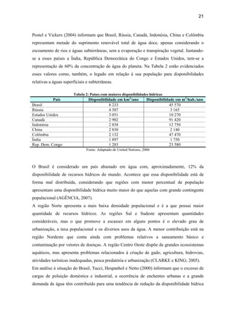 21



Postel e Vickers (2004) informam que Brasil, Rússia, Canadá, Indonésia, China e Colômbia
representam metade do suprimento renovável total de água doce, apenas considerando o
escoamento de rios e águas subterrâneas, sem a evaporação e transpiração vegetal. Juntando-
se a esses países a Índia, República Democrática do Congo e Estados Unidos, tem-se a
representação de 60% da concentração de água do planeta. Na Tabela 2 estão evidenciados
esses valores como, também, o legado em relação à sua população para disponibilidades
relativas a águas superficiais e subterrâneas.

                       Tabela 2: Países com maiores disponibilidades hídricas
           País                 Disponibilidade em km3/ano          Disponibilidade em m3/hab./ano
Brasil                                     8 233                                45 570
Rússia                                     4 507                                 3 165
Estados Unidos                             3 051                                10 270
Canadá                                     2 902                                91 420
Indonésia                                  2 838                                12 750
China                                      2 830                                 2 140
Colômbia                                   2 132                                47 470
Índia                                      1 897                                 1 750
Rep. Dem. Congo                            1 283                                23 580
                               Fonte: Adaptado de United Nations, 2006



O Brasil é considerado um país abastado em água com, aproximadamente, 12% da
disponibilidade de recursos hídricos do mundo. Acontece que essa disponibilidade está de
forma mal distribuída, considerando que regiões com menor percentual de população
apresentam uma disponibilidade hídrica muito maior do que aquelas com grande contingente
populacional (AGÊNCIA, 2007).
A região Norte apresenta a mais baixa densidade populacional e é a que possui maior
quantidade de recursos hídricos. As regiões Sul e Sudeste apresentam quantidades
consideráveis, mas o que promove a escassez em alguns pontos é o elevado grau de
urbanização, a taxa populacional e os diversos usos da água. A menor contribuição está na
região Nordeste que conta ainda com problemas relativos a saneamento básico e
contaminação por vetores de doenças. A região Centro Oeste dispõe de grandes ecossistemas
aquáticos, mas apresenta problemas relacionados à criação de gado, agricultura, hidrovias,
atividades turísticas inadequadas, pesca predatória e urbanização (CLARKE e KING; 2005).
Em análise à situação do Brasil, Tucci, Hespanhol e Netto (2000) informam que o excesso de
cargas de poluição doméstica e industrial, a ocorrência de enchentes urbanas e a grande
demanda de água têm contribuído para uma tendência de redução da disponibilidade hídrica
 