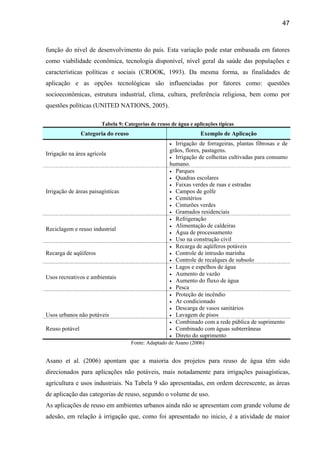 47



função do nível de desenvolvimento do país. Esta variação pode estar embasada em fatores
como viabilidade econômica, tecnologia disponível, nível geral da saúde das populações e
características políticas e sociais (CROOK, 1993). Da mesma forma, as finalidades de
aplicação e as opções tecnológicas são influenciadas por fatores como: questões
socioeconômicas, estrutura industrial, clima, cultura, preferência religiosa, bem como por
questões políticas (UNITED NATIONS, 2005).

                        Tabela 9: Categorias de reuso de água e aplicações típicas
                Categoria do reuso                                 Exemplo de Aplicação
                                                     • Irrigação de forrageiras, plantas fibrosas e de
                                                     grãos, flores, pastagens.
Irrigação na área agrícola
                                                     • Irrigação de colheitas cultivadas para consumo
                                                     humano.
                                                     • Parques
                                                     • Quadras escolares
                                                     • Faixas verdes de ruas e estradas
Irrigação de áreas paisagísticas                     • Campos de golfe
                                                     • Cemitérios
                                                     • Cinturões verdes
                                                     • Gramados residenciais
                                                     • Refrigeração
                                                     • Alimentação de caldeiras
Reciclagem e reuso industrial
                                                     • Água de processamento
                                                     • Uso na construção civil
                                                     • Recarga de aqüíferos potáveis
Recarga de aqüíferos                                 • Controle de intrusão marinha
                                                     • Controle de recalques de subsolo
                                                     • Lagos e espelhos de água
                                                     • Aumento de vazão
Usos recreativos e ambientais
                                                     • Aumento do fluxo de água
                                                     • Pesca
                                                     • Proteção de incêndio
                                                     • Ar condicionado
                                                     • Descarga de vasos sanitários
Usos urbanos não potáveis                            • Lavagem de pisos
                                                     • Combinado com a rede pública de suprimento
Reuso potável                                        • Combinado com águas subterrâneas
                                                     • Direto do suprimento
                                     Fonte: Adaptado de Asano (2006)


Asano et al. (2006) apontam que a maioria dos projetos para reuso de água têm sido
direcionados para aplicações não potáveis, mais notadamente para irrigações paisagísticas,
agricultura e usos industriais. Na Tabela 9 são apresentadas, em ordem decrescente, as áreas
de aplicação das categorias de reuso, segundo o volume de uso.
As aplicações de reuso em ambientes urbanos ainda não se apresentam com grande volume de
adesão, em relação à irrigação que, como foi apresentado no inicio, é a atividade de maior
 