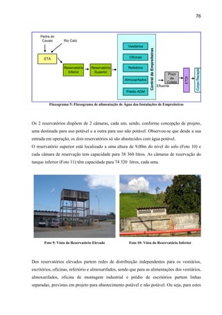 76



     Pedra do
      Cavalo      Rio Catú
                                                        Vestiários




                                                                      Central de Empreiteiras
       ETA                                               Oficinas


                  Reservatório     Reservatório         Refeitório




                                                                                                                       Corpo Recepto
                    Inferior        Superior
                                                                                                       Poço




                                                                                                                ETDI
                                                      Almoxarifados                                      de
                                                                                                       Coleta
                                                                                                Efluente
                                                       Prédio ADM


          Fluxograma 5: Fluxograma de alimentação de Água das Instalações de Empreiteiras




Os 2 reservatórios dispõem de 2 câmaras, cada um, sendo, conforme concepção de projeto,
uma destinada para uso potável e a outra para uso não potável. Observou-se que desde a sua
entrada em operação, os dois reservatórios só são abastecidos com água potável.
O reservatório superior está localizado a uma altura de 9,00m do nível do solo (Foto 10) e
cada câmara de reservação tem capacidade para 38 360 litros. As câmaras de reservação do
tanque inferior (Foto 11) têm capacidade para 74 320 litros, cada uma.




       Foto 9: Vista do Reservatório Elevado            Foto 10: Vista do Reservatório Inferior




Dos reservatórios elevados partem redes de distribuição independentes para os vestiários,
escritórios, oficinas, refeitório e almoxarifados, sendo que para as alimentações dos vestiários,
almoxarifados, oficina de montagem industrial e prédio de escritórios partem linhas
separadas, previstas em projeto para abastecimento potável e não potável. Ou seja, para estes
 