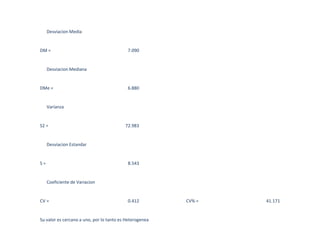 Desviacion Media
DM = 7.090
Desviacion Mediana
DMe = 6.880
Varianza
S2 = 72.983
Desviacion Estandar
S = 8.543
Coeficiente de Variacion
CV = 0.412 CV% = 41.171
Su valor es cercano a uno, por lo tanto es Heterogenea
 