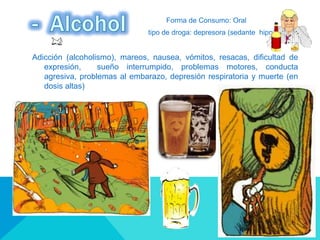 Forma de Consumo: Oral
tipo de droga: depresora (sedante hipnótico)
Adicción (alcoholismo), mareos, nausea, vómitos, resacas, dificultad de
expresión, sueño interrumpido, problemas motores, conducta
agresiva, problemas al embarazo, depresión respiratoria y muerte (en
dosis altas)
 