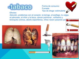 Efectos:
Adicción, problemas con el corazón, la laringe, el esófago, la vejiga,
el páncreas, el riñón y la boca, cáncer pulmonar , enfisema y
bronquitis crónica, aborto espontáneo, niños nacen pesando poco
Forma de consumo:
Fumada
Tipo de droga: estimulante
 