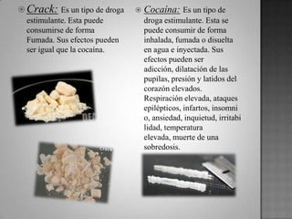  Crack: Es un tipo de droga
estimulante. Esta puede
consumirse de forma
Fumada. Sus efectos pueden
ser igual que la cocaína.
 Cocaína: Es un tipo de
droga estimulante. Esta se
puede consumir de forma
inhalada, fumada o disuelta
en agua e inyectada. Sus
efectos pueden ser
adicción, dilatación de las
pupilas, presión y latidos del
corazón elevados.
Respiración elevada, ataques
epilépticos, infartos, insomni
o, ansiedad, inquietud, irritabi
lidad, temperatura
elevada, muerte de una
sobredosis.
 