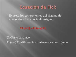 

Expresa los componentes del sistema de
absorción y transporte de oxígeno
VO2= Q x D (a-v) O2
Q: Gasto cardiaco
D (a-v) O2: diferencia arteriovenosa de oxígeno

 
