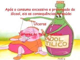 Após o consumo excessivo e prolongado do álcool, eis as consequências na saúde:ÚlcerasTumores no tubo digestivo