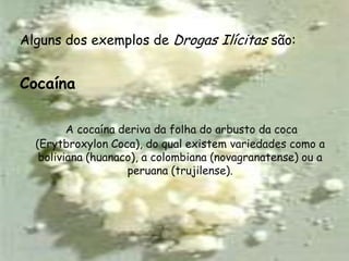 Alguns dos exemplos de Drogas Ilícitas são:Cocaína A cocaína deriva da folha do arbusto da coca (Erytbroxylon Coca), do qual existem variedades como a boliviana (huanaco), a colombiana (novagranatense) ou a peruana (trujilense). 