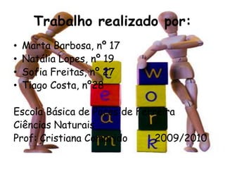 Trabalho realizado por:Marta Barbosa, nº 17Natália Lopes, nº 19Sofia Freitas, nº 27Tiago Costa, nº28Escola Básica de Paços de FerreiraCiências NaturaisProf: Cristiana Comprido         2009/2010