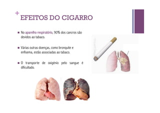 +
    EFEITOS DO CIGARRO
  No  aparelho respiratório, 90% dos cancros são
    devidos ao tabaco.

  Várias  outras doenças, como bronquite e
    enfisema, estão associadas ao tabaco.

  O     transporte de oxigénio pelo sangue é
    dificultado.
 