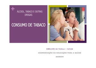 +   ÁLCOOL, TABACO E OUTRAS
           DROGAS


CONSUMO DE TABACO




                              EB2,3/S de Vizela – Infias!

                       COORDENAÇÃO DA EDUCAÇÃO PARA A SAÚDE!

                                       2008/09!
 