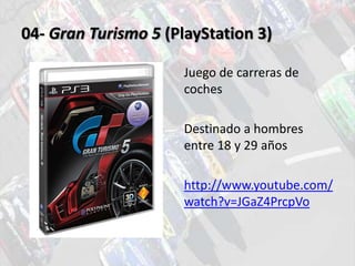 04- Gran Turismo 5 (PlayStation 3)

                      Juego de carreras de
                      coches

             ...