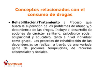 Conceptos relacionados con el
consumo de drogas
• Rehabilitación/Tratamiento : Proceso que
busca la superación de los problemas de abuso y/o
dependencia de las drogas. Incluye el desarrollo de
acciones de carácter sanitario, psicológico social,
ocupacional y educativo, tanto a nivel individual
como grupal. Los procesos de rehabilitación de las
dependencias se realizan a través de una variada
gama de pociones terapéuticas, de recursos
asistenciales y sociales.
 