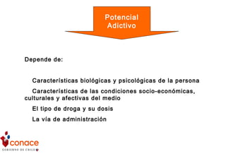 Depende de:
Características biológicas y psicológicas de la persona
Características de las condiciones socio-económicas,
culturales y afectivas del medio
El tipo de droga y su dosis
La vía de administración
Potencial
Adictivo
 
