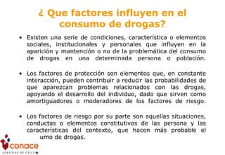 ¿ Que factores influyen en el
consumo de drogas?
• Existen una serie de condiciones, característica o elementos
sociales, institucionales y personales que influyen en la
aparición y mantención o no de la problemática del consumo
de drogas en una determinada persona o población.
• Los factores de protección son elementos que, en constante
interacción, pueden contribuir a reducir las probabilidades de
que aparezcan problemas relacionados con las drogas,
apoyando el desarrollo del individuo, dado que sirven como
amortiguadores o moderadores de los factores de riesgo.
• Los factores de riesgo por su parte son aquellas situaciones,
conductas o elementos constitutivos de las persona y las
características del contexto, que hacen más probable el
consumo de drogas.
 