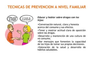 TECNICAS DE PREVENCION A NIVEL FAMILIAR
Educar y hablar sobre drogas con los
hijos:
•Conversación natural, clara y honesta
acerca del consumo y sus efectos.
•Tener y mostrar actitud clara de oposición
sobre las drogas.
•Desarrollo y mantención de una cultura de
no consumo.
•Dar mensajes que fomenten la capacidad
de los hijos de tomar sus propias decisiones.
•Valoración de la salud y desarrollo de
hábitos saludables.
 