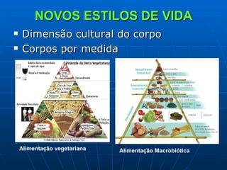 NOVOS ESTILOS DE VIDA Dimensão cultural do corpo  Corpos por medida Alimentação vegetariana Alimentação Macrobiótica 