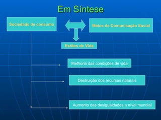 Em Síntese Sociedade de consumo Meios de Comunicação Social Estilos de Vida Melhoria das condições de vida Destruição dos recursos naturais Aumento das desigualdades a nível mundial 