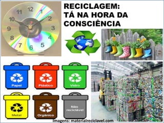RECICLAGEM: 
TÁ NA HORA DA 
CONSCIÊNCIA 
Imagens: materialreciclavel.com 
 
