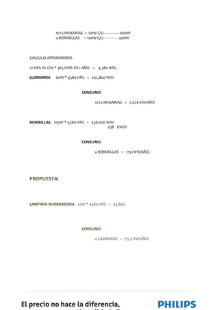 10 LUMINARIAS = 60W C/U---------------600W 
4 BOMBILLAS = 100W C/U--------------400W 
CALCULO APROXIMADO. 
12 HRS AL DIA * 365 DIAS DEL AÑO = 4,380 HRS. 
LUMINARIA 60W * 4380 HRS = 262,800 W/H 
CONSUMO 
10 LUMINARIAS = 2,628 KW/AÑO 
BOMBILLAS 100W * 4380 HRS = 438,000 W/H 
438 KW/H 
CONSUMO 
4 BOMBILLAS = 1752 KW/AÑO. 
PROPUESTA: 
LAMPARA AHORRADORA 20W * 4380 HRS = 43,800 
CONSUMO 
4 LAMPARAS = 175.2 KW/AÑO. 
 