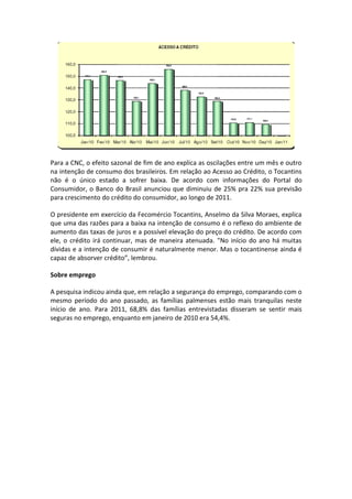 Para a CNC, o efeito sazonal de fim de ano explica as oscilações entre um mês e outro
na intenção de consumo dos brasileiros. Em relação ao Acesso ao Crédito, o Tocantins
não é o único estado a sofrer baixa. De acordo com informações do Portal do
Consumidor, o Banco do Brasil anunciou que diminuiu de 25% pra 22% sua previsão
para crescimento do crédito do consumidor, ao longo de 2011.

O presidente em exercício da Fecomércio Tocantins, Anselmo da Silva Moraes, explica
que uma das razões para a baixa na intenção de consumo é o reflexo do ambiente de
aumento das taxas de juros e a possível elevação do preço do crédito. De acordo com
ele, o crédito irá continuar, mas de maneira atenuada. "No início do ano há muitas
dívidas e a intenção de consumir é naturalmente menor. Mas o tocantinense ainda é
capaz de absorver crédito”, lembrou.

Sobre emprego

A pesquisa indicou ainda que, em relação a segurança do emprego, comparando com o
mesmo período do ano passado, as famílias palmenses estão mais tranquilas neste
início de ano. Para 2011, 68,8% das famílias entrevistadas disseram se sentir mais
seguras no emprego, enquanto em janeiro de 2010 era 54,4%.
 