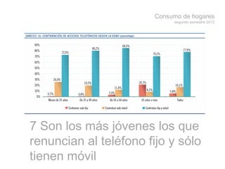Consumo de hogares
segundo semestre 2012
7 Son los más jóvenes los que
renuncian al teléfono fijo y sólo
tienen móvil
 